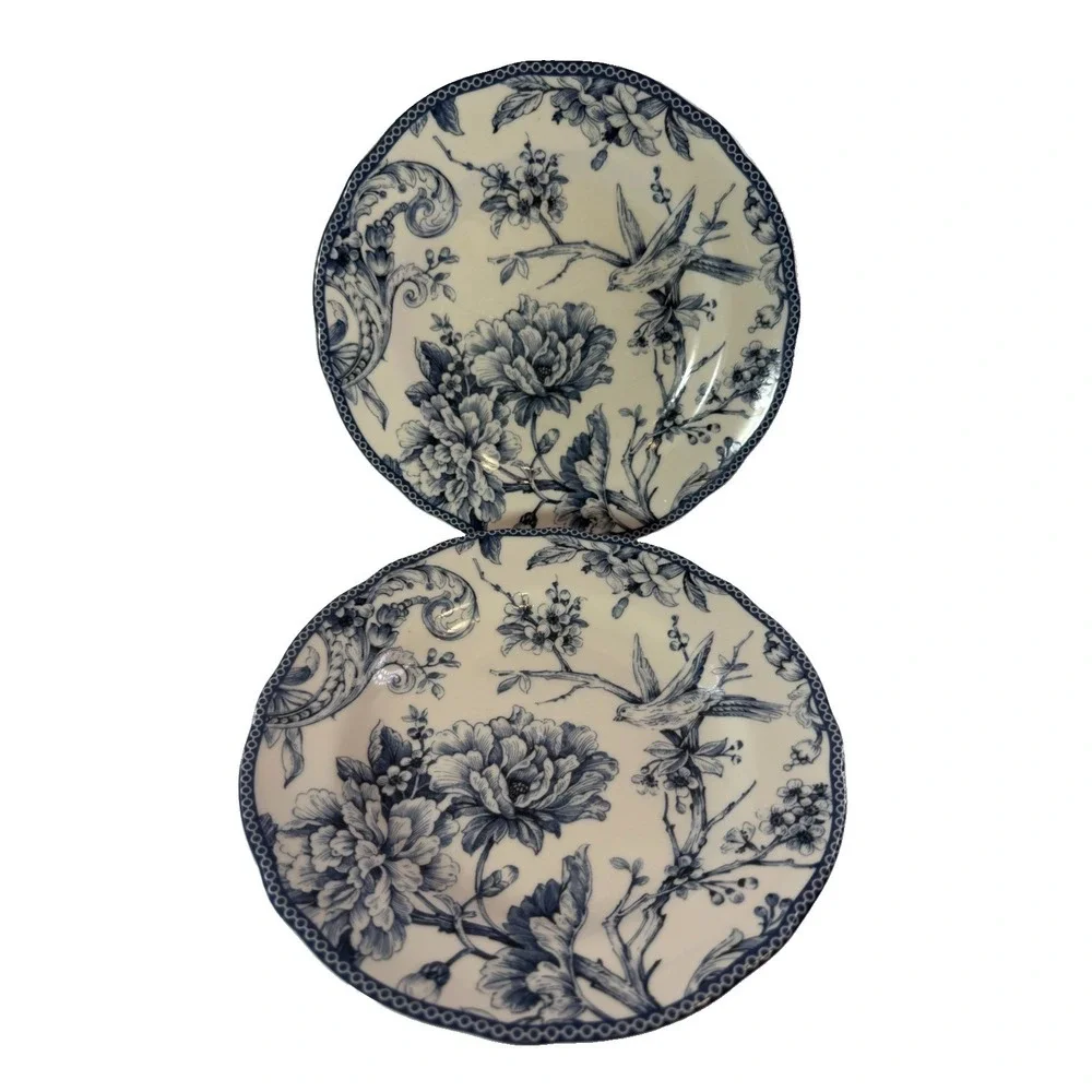 Lot of 2 222 Fifth Adelaide Blue White Toile Salad Plates 8.5